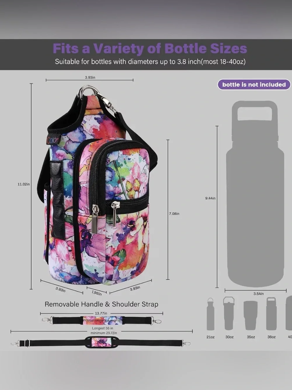 Floral Magnetic Gym Bag Water Bottle Holder with Phone Pockets & Shoulder Strap